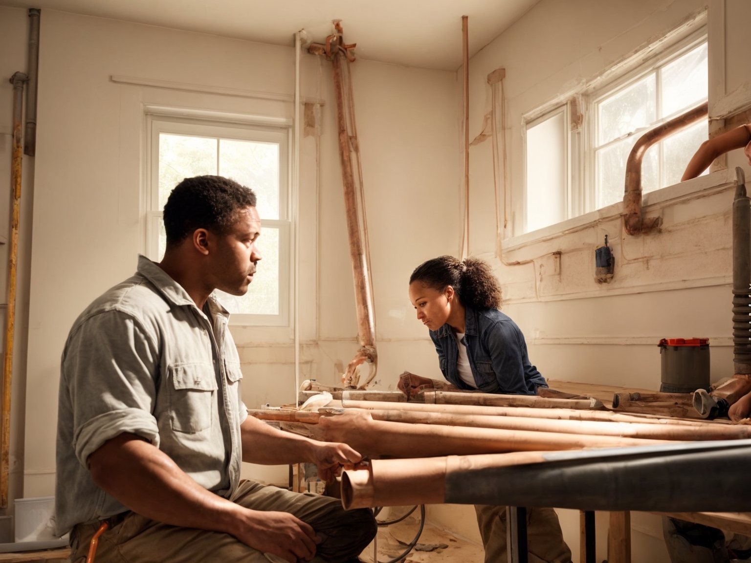 Electrician and plumbing professional coordinating utility room rough-in work